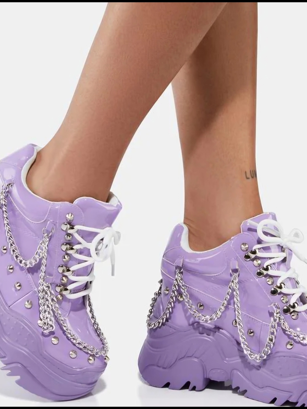 WTF By Anthony Wang Lilac Patent Sneakers Chain Studded Hidden Wedge 7.5 NWOT - Picture 4 of 14